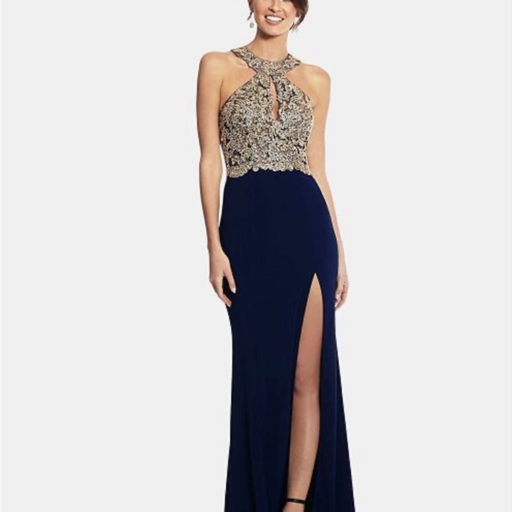 Xscape Navy and Metallic Gold Embellished Lace Dress. Size 10